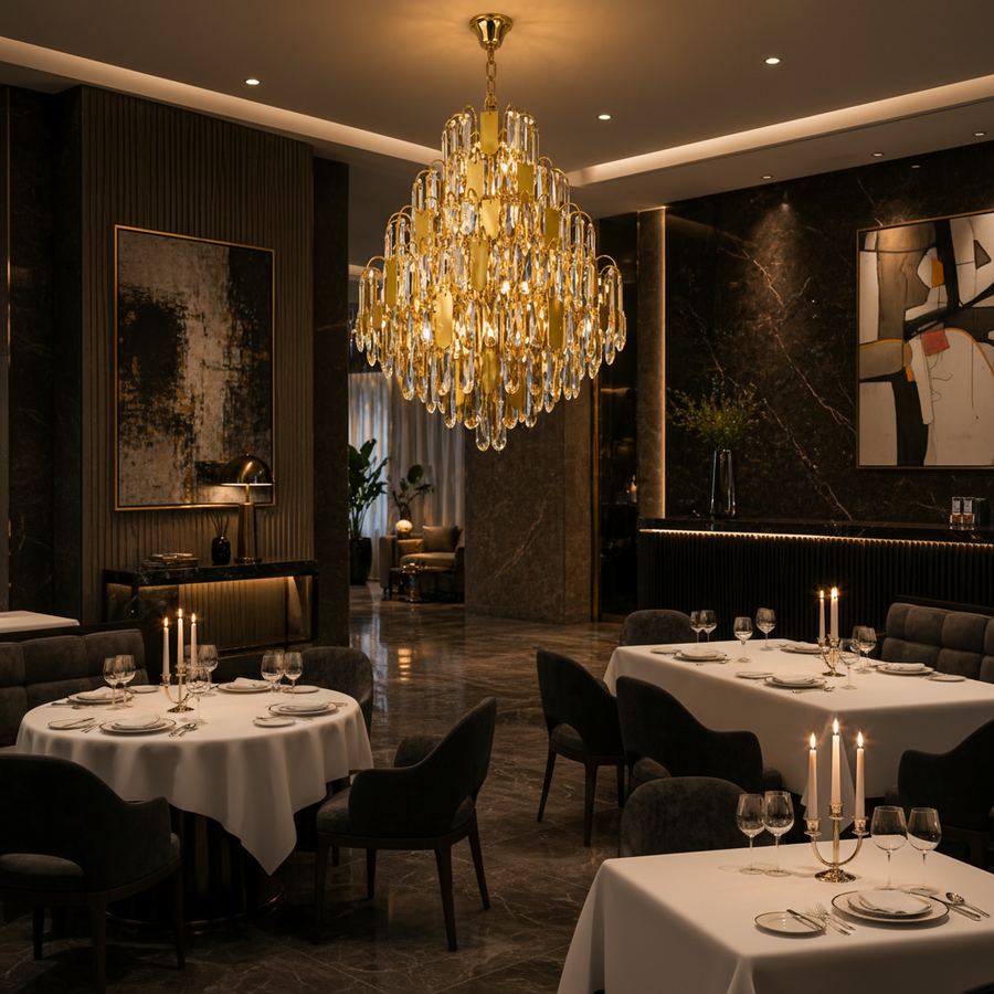 Candelabru Cristal TIER Regalis 21xE14, D80 cm, Auriu, Inaltime Reglabila, Metal si Cristal