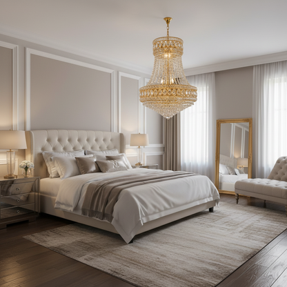 Candelabru Cristal EMPIRE Nobile 6xE14, D40 cm, Auriu, Inaltime Reglabila, Metal si Cristal
