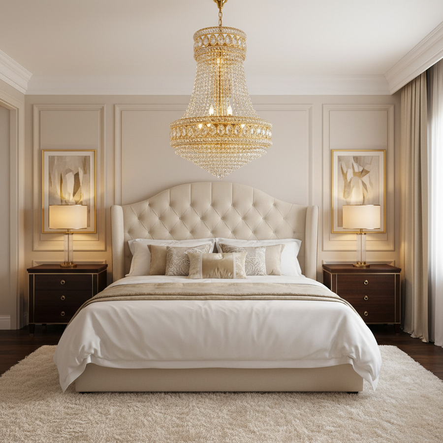 Candelabru Cristal EMPIRE Nobile 6xE14, D40 cm, Auriu, Inaltime Reglabila, Metal si Cristal