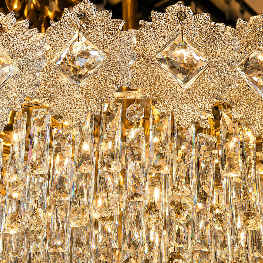 Crystal Chandelier FLEUR Elegance 9xE14, Διάμετρος 50cm, Ύψος 40cm, Γυαλιστερό Χρυσό, Ρυθμιζόμενο Ύψος, Κομψή σχεδίαση