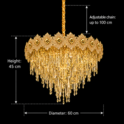 Crystal Chandelier FLEUR Magno 12xE14, Διάμετρος 60cm, Ύψος 45cm, Γυαλιστερό Χρυσό, Ρυθμιζόμενο Ύψος, Κομψή σχεδίαση