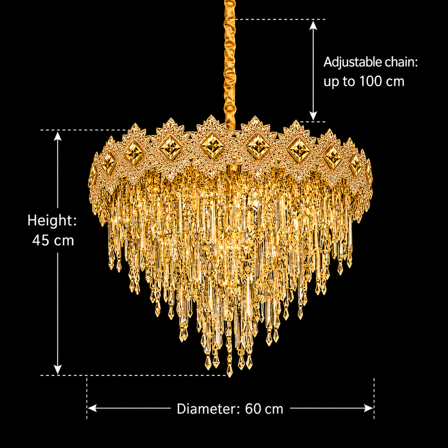 Crystal Chandelier FLEUR Magno 12xE14, Διάμετρος 60cm, Ύψος 45cm, Γυαλιστερό Χρυσό, Ρυθμιζόμενο Ύψος, Κομψή σχεδίαση