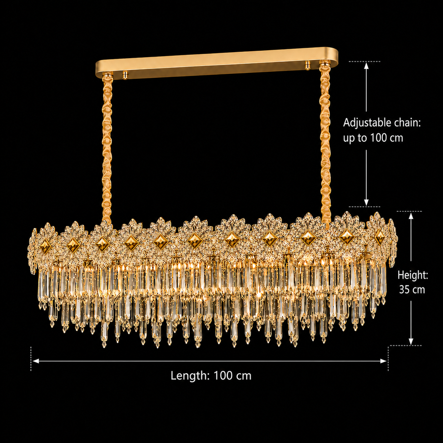 Crystal Chandelier FLEUR Supremo 14xE14, Μέγεθος 100x35 cm, Ύψος 35 cm, Γυαλιστερό Χρυσό, Ρυθμιζόμενο Ύψος, Κομψή σχεδίαση