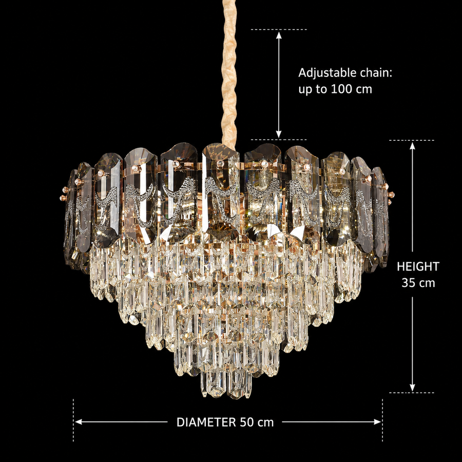 Crystal Chandelier AURUM Elegance 9xE14, Διάμετρος 50cm, Ύψος 35cm, Γυαλιστερό Χρυσό, Ρυθμιζόμενο Ύψος, Κομψή σχεδίαση