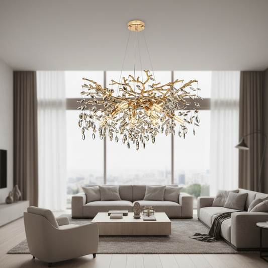 Candelabru Cristal LEAF Regalis, Φ80cm, 10xE14, Auriu, Metal si Cristal