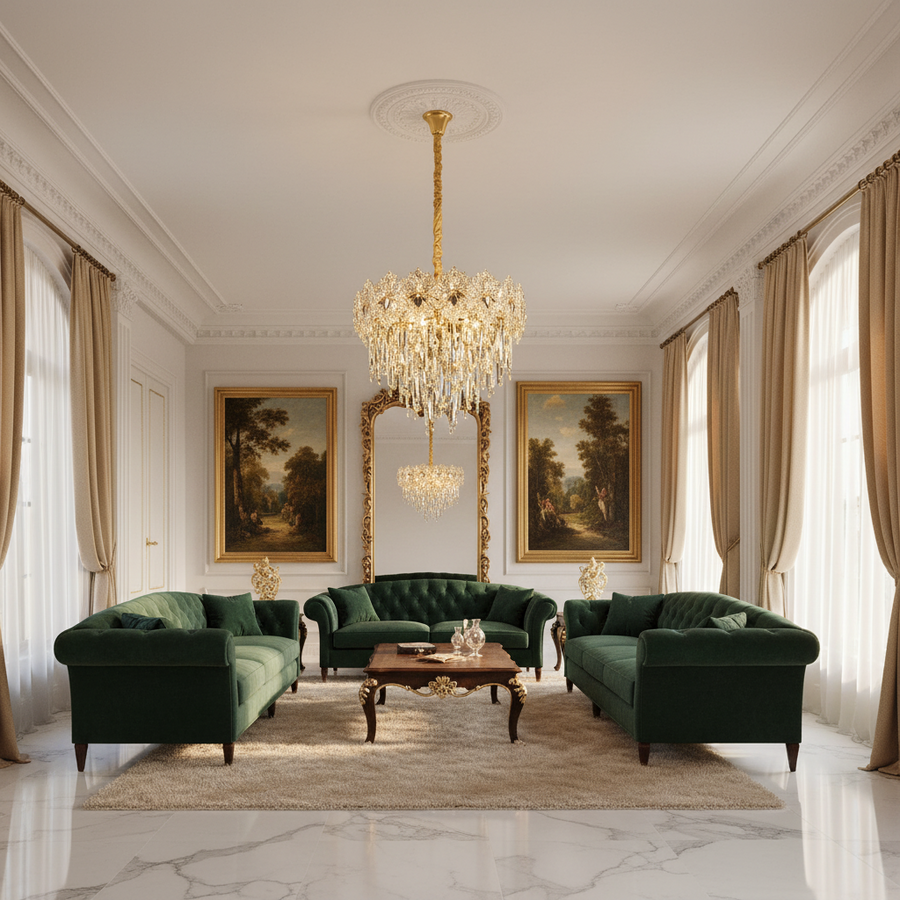 Crystal Chandelier FLEUR Eleganza 9xE14, Διάμετρος 50cm, Ύψος 40cm, Γυαλιστερό χρυσό, Ρυθμιζόμενο ύψος, Κομψή σχεδίαση Crystal Chandelier Προεπιλεγμένος τίτλος Alessandro Design