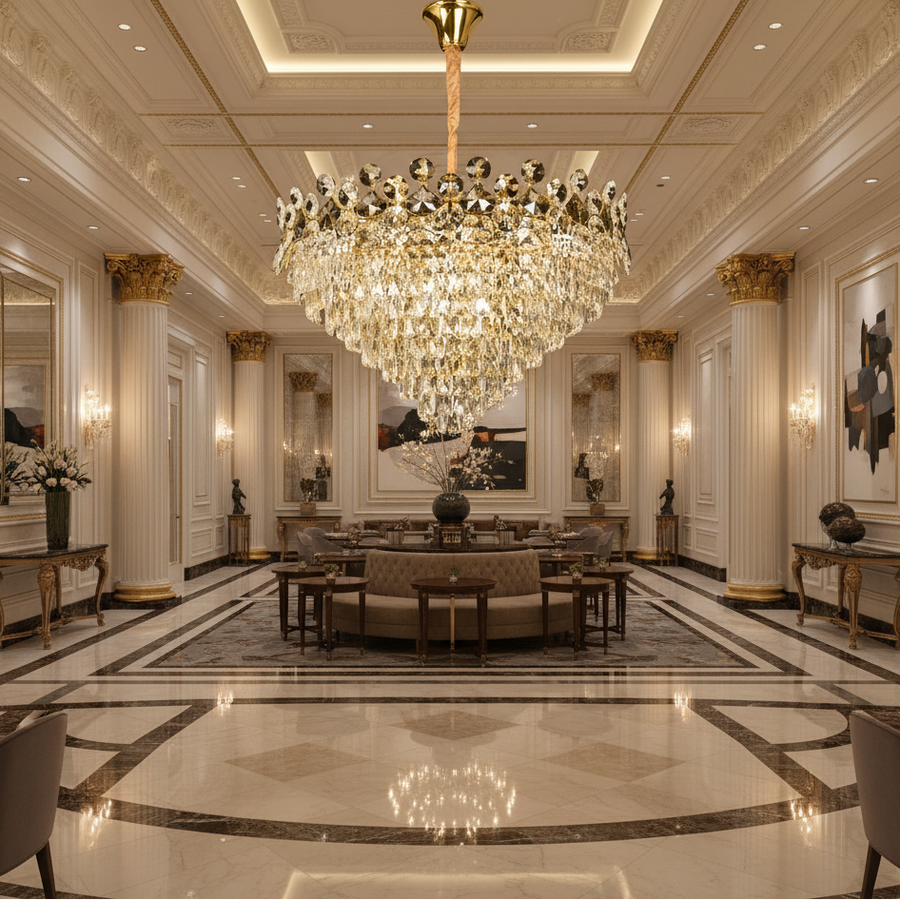 Crystal Chandelier ACE Regalis 22xE14, Διάμετρος 80cm, Ύψος 40cm, Γυαλιστερό χρυσό, Ρυθμιζόμενο ύψος, Κομψή σχεδίαση Crystal Chandelier Προεπιλεγμένος τίτλος Alessandro Design