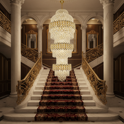 Candelabru Cristal TRIO Regalis 63xE14, Diametru 80cm, Inaltime 260cm, Auriu Lucios, Inaltime Reglabila, Design Elegant