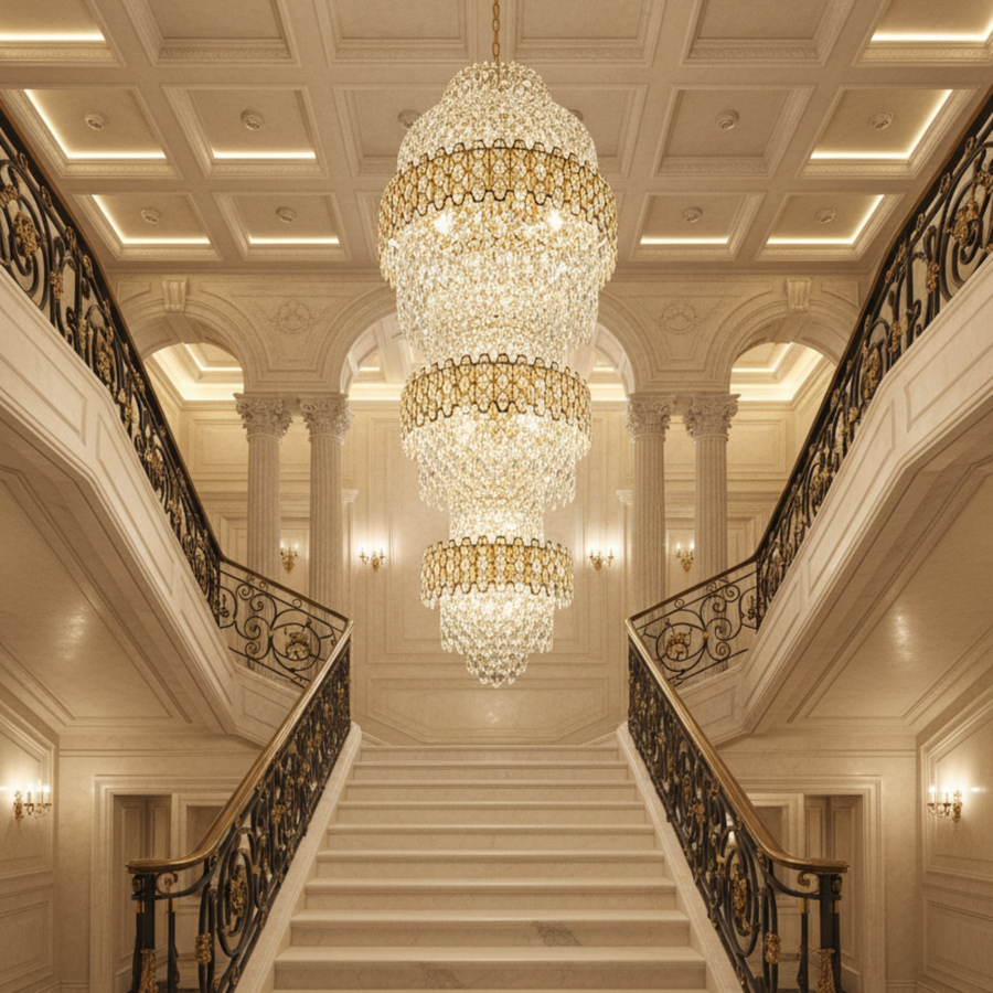 Candelabru Cristal TRIO Regalis 63xE14, Diametru 80cm, Inaltime 260cm, Auriu Lucios, Inaltime Reglabila, Design Elegant