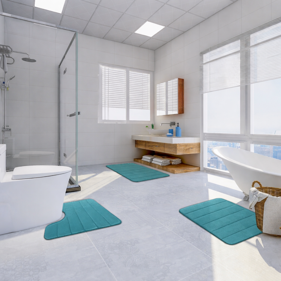 Σετ 3 Χαλάκια Μπάνιου, 50x40 cm, Μπλε, Αντιολισθητικό