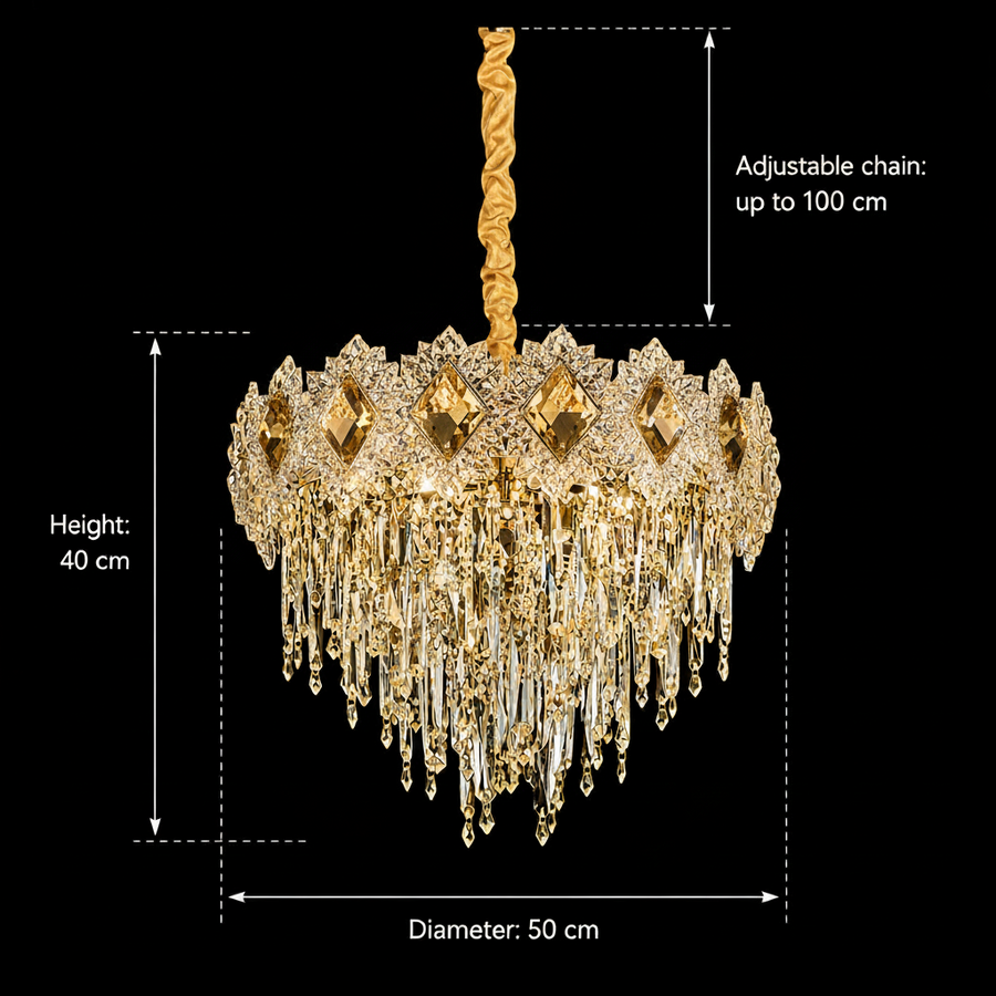 Crystal Chandelier FLEUR Eleganza 9xE14, Διάμετρος 50cm, Ύψος 40cm, Γυαλιστερό χρυσό, Ρυθμιζόμενο ύψος, Κομψή σχεδίαση Crystal Chandelier Προεπιλεγμένος τίτλος Alessandro Design