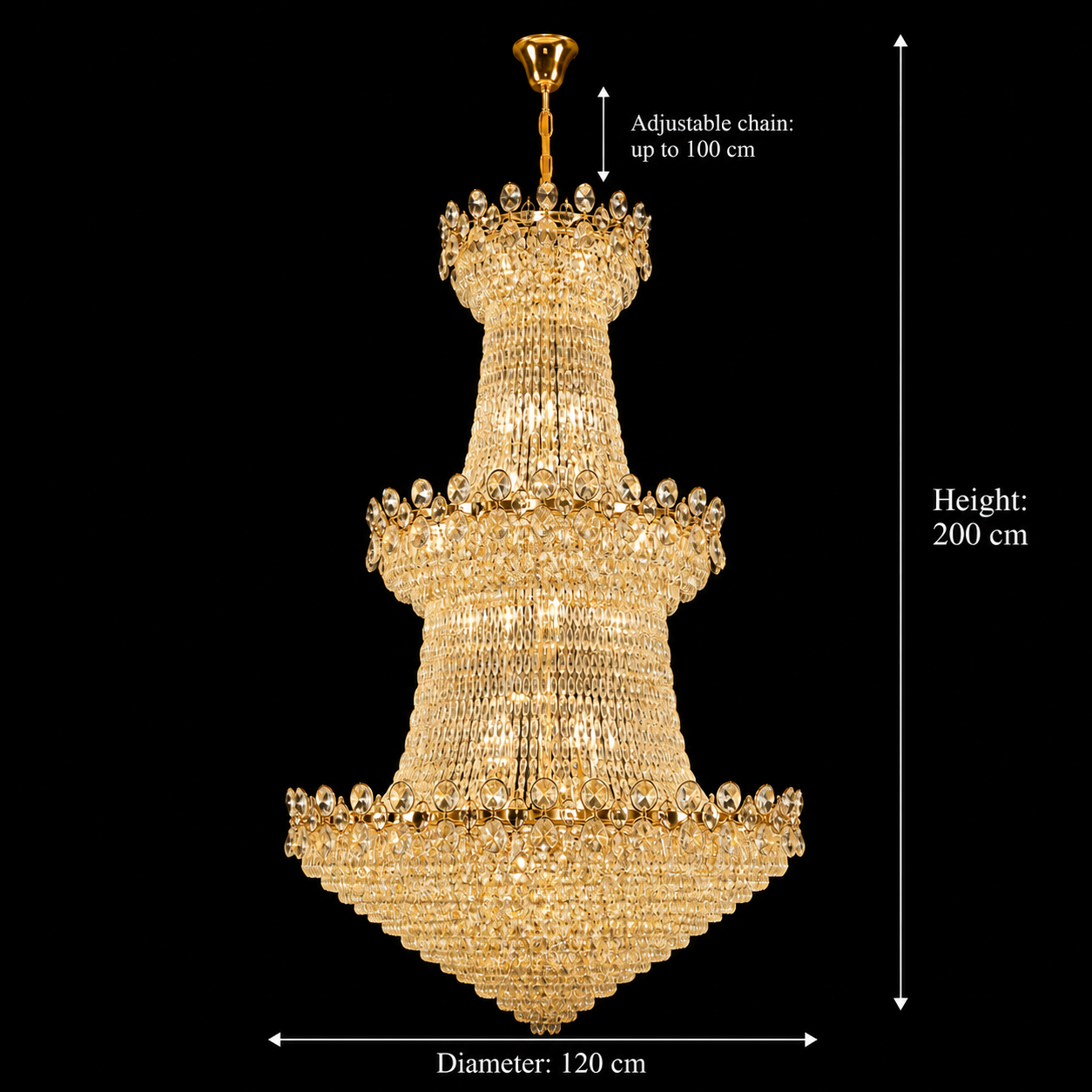 Crystal Chandelier TORRE 59xE14, Διάμετρος 120cm, Ύψος 200cm, Γυαλιστερό χρυσό, Ρυθμιζόμενο ύψος, Κομψή σχεδίαση Crystal Chandelier Προεπιλεγμένος τίτλος Alessandro Design