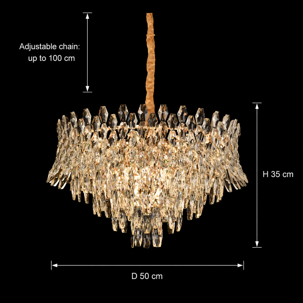 Crystal Chandelier MONARCH Elegance 3xE14, Διάμετρος 50cm, Ύψος 35cm, Γυαλιστερό χρυσό, Ρυθμιζόμενο ύψος, Κομψή σχεδίαση Crystal Chandelier Προεπιλεγμένος τίτλος Alessandro Design