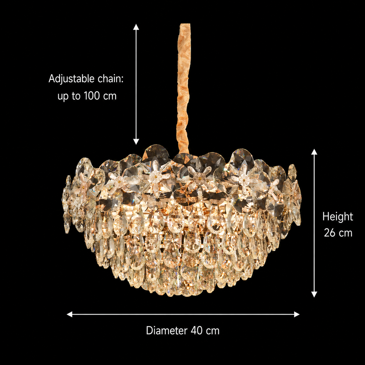 Crystal Chandelier JARDIN Nobile 3xE14, Διάμετρος 40cm, Ύψος 26cm, Γυαλιστερό χρυσό, Ρυθμιζόμενο ύψος, Κομψή σχεδίαση Crystal Chandelier Προεπιλεγμένος τίτλος Alessandro Design