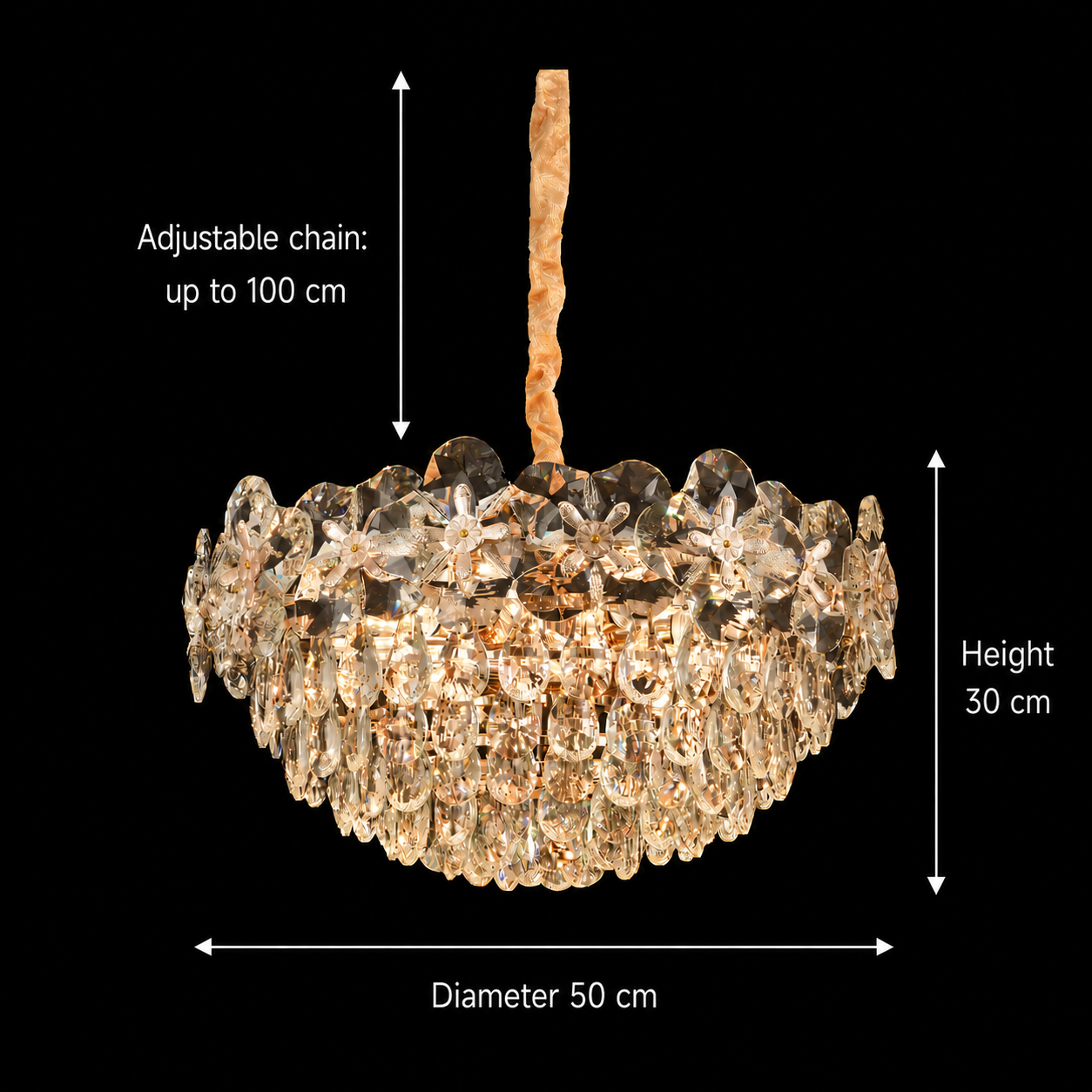 Crystal Chandelier JARDIN Eleganza 9xE14, Διάμετρος 50cm, Ύψος 30cm, Γυαλιστερό χρυσό, Ρυθμιζόμενο ύψος, Κομψή σχεδίαση Crystal Chandeliers Προεπιλεγμένος τίτλος Alessandro Design