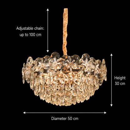 Crystal Chandelier JARDIN Eleganza 9xE14, Διάμετρος 50cm, Ύψος 30cm, Γυαλιστερό χρυσό, Ρυθμιζόμενο ύψος, Κομψή σχεδίαση Crystal Chandeliers Προεπιλεγμένος τίτλος Alessandro Design