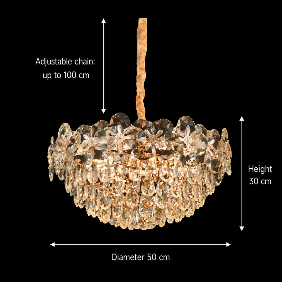 Crystal Chandelier JARDIN Eleganza 9xE14, Διάμετρος 50cm, Ύψος 30cm, Γυαλιστερό χρυσό, Ρυθμιζόμενο ύψος, Κομψή σχεδίαση Crystal Chandeliers Προεπιλεγμένος τίτλος Alessandro Design