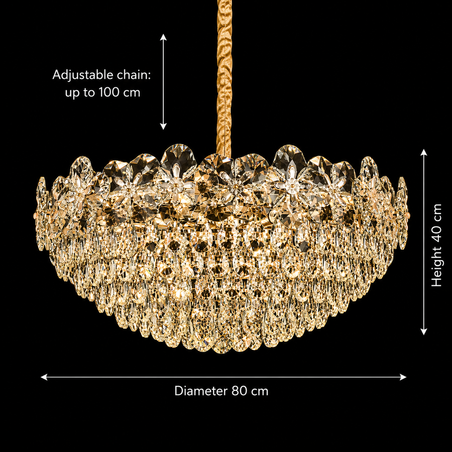 Crystal Chandelier JARDIN Regalis 24xE14, Διάμετρος 80cm, Ύψος 40cm, Γυαλιστερό χρυσό, Ρυθμιζόμενο ύψος, Κομψή σχεδίαση Crystal Chandelier Προεπιλεγμένος τίτλος Alessandro Design