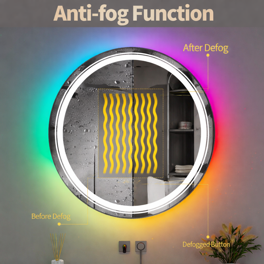 Στρογγυλός καθρέφτης LED, 70cm, Celeste MotionGlow Marcello, Φως RGB, Ηχείο Bluetooth, Σύστημα Demister, Ρολόι & Θερμόμετρο, Dimmable 70X70BTRGB