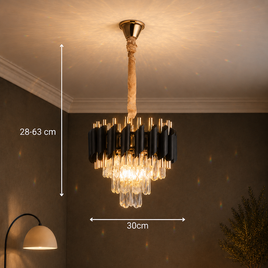 Κρυστάλλινος πολυέλαιος VERSAILLES Petito 3xE14, Διάμετρος 30cm, Γυαλιστερό Χρυσό και Μαύρο, Ρυθμιζόμενο Ύψος