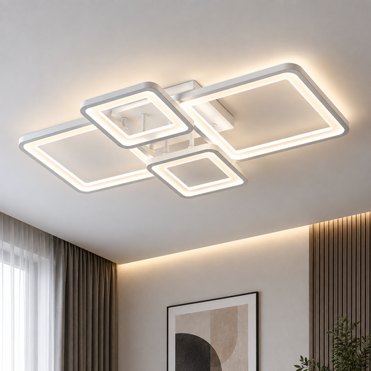 Πολυέλαιος LED με τηλεχειριστήριο ELLA 67W, 4 Τετράγωνα, Κρύο/Ζεστό/Ουδέτερο φως, Ρυθμιζόμενο, Λευκό, Μεταλλικό και Ακρυλικό