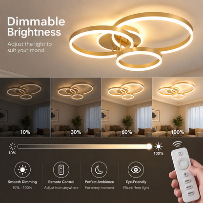 Πολυέλαιος LED με τηλεχειριστήριο RIGA LILITH 68W, 3 Κύκλοι, Κρύο/Ζεστό/Ουδέτερο φως, Ρυθμιζόμενο, Γυαλιστερό χρυσό