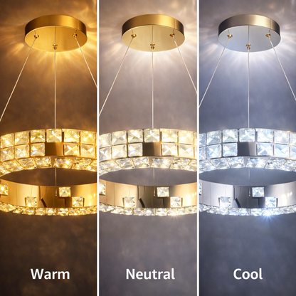 Πολυέλαιος LED με Τηλεχειριστήριο, LLC135/2GD, Κρύσταλλο και Μέταλλο, 55W, 2 Κύκλοι, Ρυθμιζόμενος, Ρυθμιζόμενος Ύψος, Κρύο/Ζεστό/Ουδέτερο φως 3000K/4000K/6000K, Πολυτελής Φωτισμός