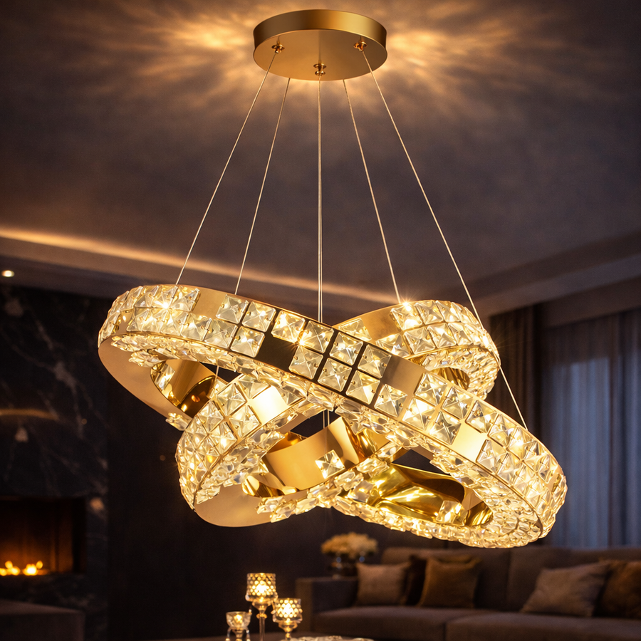 Πολυέλαιος LED με Τηλεχειριστήριο, LLC135/2GD, Κρύσταλλο και Μέταλλο, 55W, 2 Κύκλοι, Ρυθμιζόμενος, Ρυθμιζόμενος Ύψος, Κρύο/Ζεστό/Ουδέτερο φως 3000K/4000K/6000K, Πολυτελής Φωτισμός