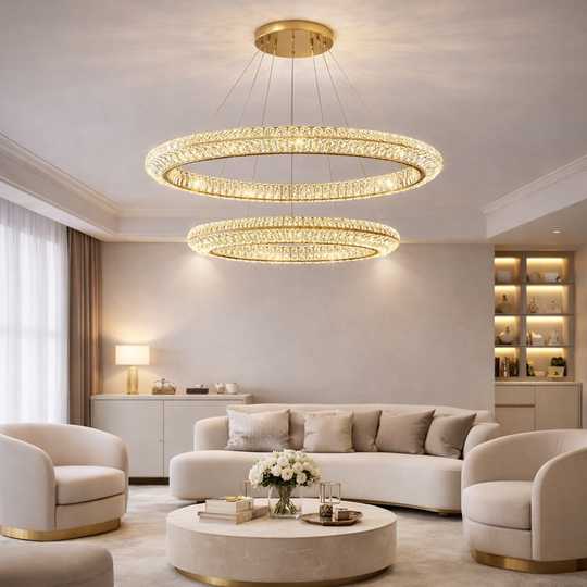Πολυέλαιος LED με τηλεχειριστήριο, LLC132/300GD, κρύσταλλο και μέταλλο, 37W, 2 κύκλοι, με δυνατότητα ρύθμισης ρύθμισης, 3000K/4000K/6000K, Πολυέλαιοι LED φωτισμού πολυτελείας με τηλεχειριστήριο Προεπιλεγμένος τίτλος Alessandro Design