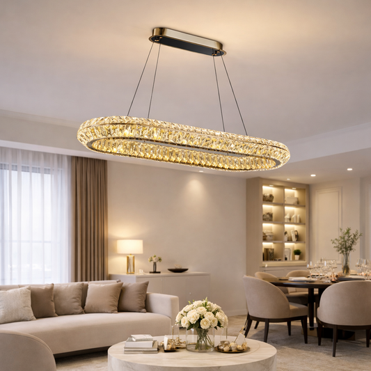 Πολυέλαιος LED με Τηλεχειριστήριο, LLC132/900X300GD, κρύσταλλο και μέταλλο, 80W, 1 κύκλος, ρυθμιζόμενο, ρυθμιζόμενο ύψος, κρύο/θερμό/ουδέτερο φως, πολυτελής φωτισμός