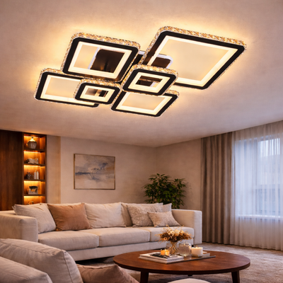 Πολυέλαιος LED με τηλεχειριστήριο και κρύσταλλο QUADRIS RGB 177W, 6 Τετράγωνα, Κρύο/Ζεστό/Ουδέτερο φως 3000K/4000K/6000K, Ρυθμιζόμενο, Μαύρο, Μεταλλικό και Κρυστάλλινο