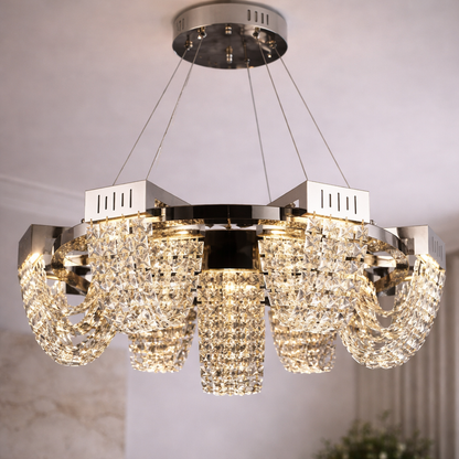 LED Crystal Chandelier 40W, CC370/800CH, Διάμετρος 80cm, Γυαλιστερό χρώμιο, Ρυθμιζόμενο ύψος, Θερμό Ουδέτερο Ψυχρό Φως 3000K/4000K/6000K, Μέταλλο και Κρύσταλλο