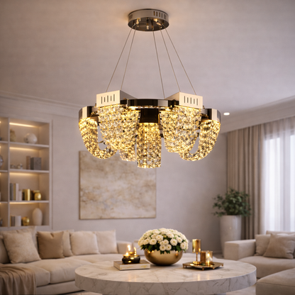 LED Crystal Chandelier 40W, CC370/800CH, Διάμετρος 80cm, Γυαλιστερό χρώμιο, Ρυθμιζόμενο ύψος, Θερμό Ουδέτερο Ψυχρό Φως 3000K/4000K/6000K, Μέταλλο και Κρύσταλλο