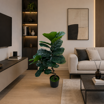 Decorațiune Ficus Lyrata, Ramificatie, 2 Ramuri, Plastic, 100 cm, Verde