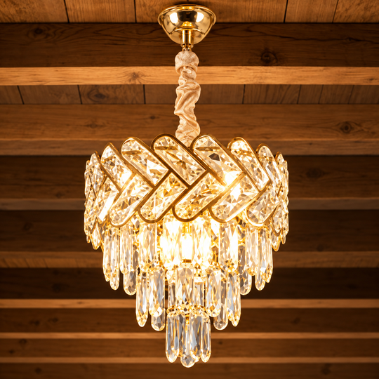 Crystal Chandelier VECTOR Petito 3xE14, Διάμετρος 28cm, Γυαλιστερό Χρυσό, Ρυθμιζόμενο Ύψος, Μέταλλο και Κρύσταλλο