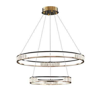 Κρεμαστός πολυέλαιος LED με τηλεχειριστήριο και κρύσταλλο ROGER 100W, 2 κύκλοι, κρύο/θερμ/ουδέτερο φως, ρυθμιζόμενο, γυαλιστερό χρυσό, ρυθμιζόμενο ύψος