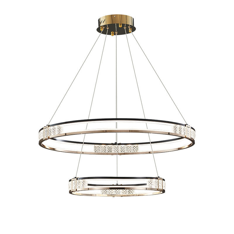 Κρεμαστός πολυέλαιος LED με τηλεχειριστήριο και κρύσταλλο ROGER 100W, 2 κύκλοι, κρύο/θερμ/ουδέτερο φως, ρυθμιζόμενο, γυαλιστερό χρυσό, ρυθμιζόμενο ύψος