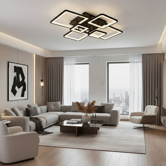Πολυέλαιος LED με τηλεχειριστήριο ELLA 120W, 6 Τετράγωνα, Κρύο/Ζεστό/Ουδέτερο φως, Ρυθμιζόμενο, Μαύρο, Μεταλλικό και Ακρυλικό