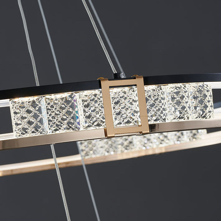 Κρεμαστός πολυέλαιος LED με τηλεχειριστήριο και κρύσταλλο ROGER 100W, 2 κύκλοι, κρύο/θερμ/ουδέτερο φως, ρυθμιζόμενο, γυαλιστερό χρυσό, ρυθμιζόμενο ύψος