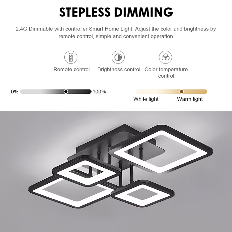 Πολυέλαιος LED με τηλεχειριστήριο ELLA 85W, 4 Τετράγωνα, Κρύο/Ζεστό/Ουδέτερο φως, Ρυθμιζόμενο, Μαύρο