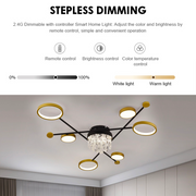 Πολυέλαιος LED με τηλεχειριστήριο και κρύσταλλο GUIDA 38W, 6 Στοιχεία, Κρύο/Ζεστό/Ουδέτερο φως, Ρυθμιζόμενο, Μαύρο Χρυσό