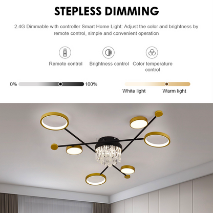 Πολυέλαιος LED με τηλεχειριστήριο και κρύσταλλο GUIDA 38W, 6 Στοιχεία, Κρύο/Ζεστό/Ουδέτερο φως, Ρυθμιζόμενο, Μαύρο Χρυσό