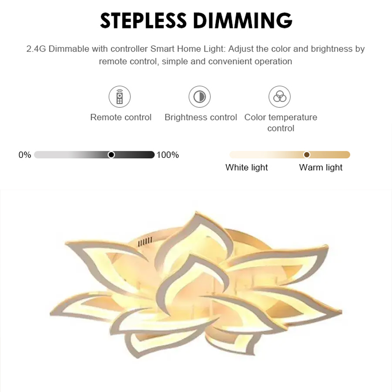 Πολυέλαιος LED με τηλεχειριστήριο LOTUS 92W, 9 πέταλα, Κρύο/Ζεστό/Ουδέτερο φως, Ρυθμιζόμενο, Λευκό