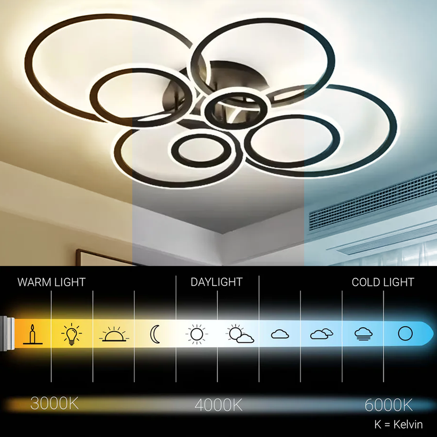 Πολυέλαιος LED με τηλεχειριστήριο BETTY 130W, 8 Κύκλοι, Κρύο/Ζεστό/Ουδέτερο φως, Ρυθμιζόμενο, Μαύρο