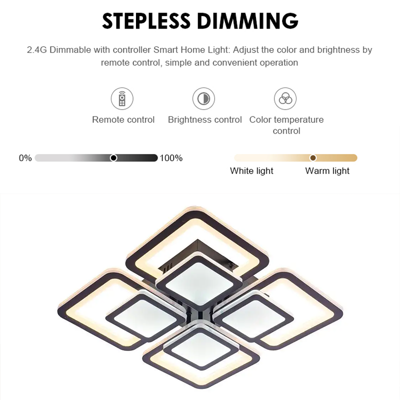 Πολυέλαιος LED με τηλεχειριστήριο SUSAN 96W, 4 Τετράγωνα, Κρύο/Ζεστό/Ουδέτερο φως, Ρυθμιζόμενο, Μαύρο