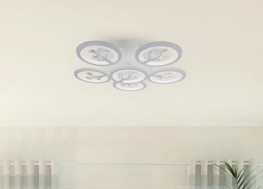 LED πολυέλαιος με τηλεχειριστήριο Daisy, 6 αντικείμενα, 72W, κρύο/ζεστό/ουδέτερο φως, ασταθές, λευκό με κρυστάλλινο