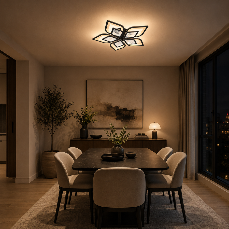 Πολυέλαιος LED με τηλεχειριστήριο DALIA 96W, 5 πέταλα, Κρύο/Ζεστό/Ουδέτερο φως, Ρυθμιζόμενο, Μαύρο