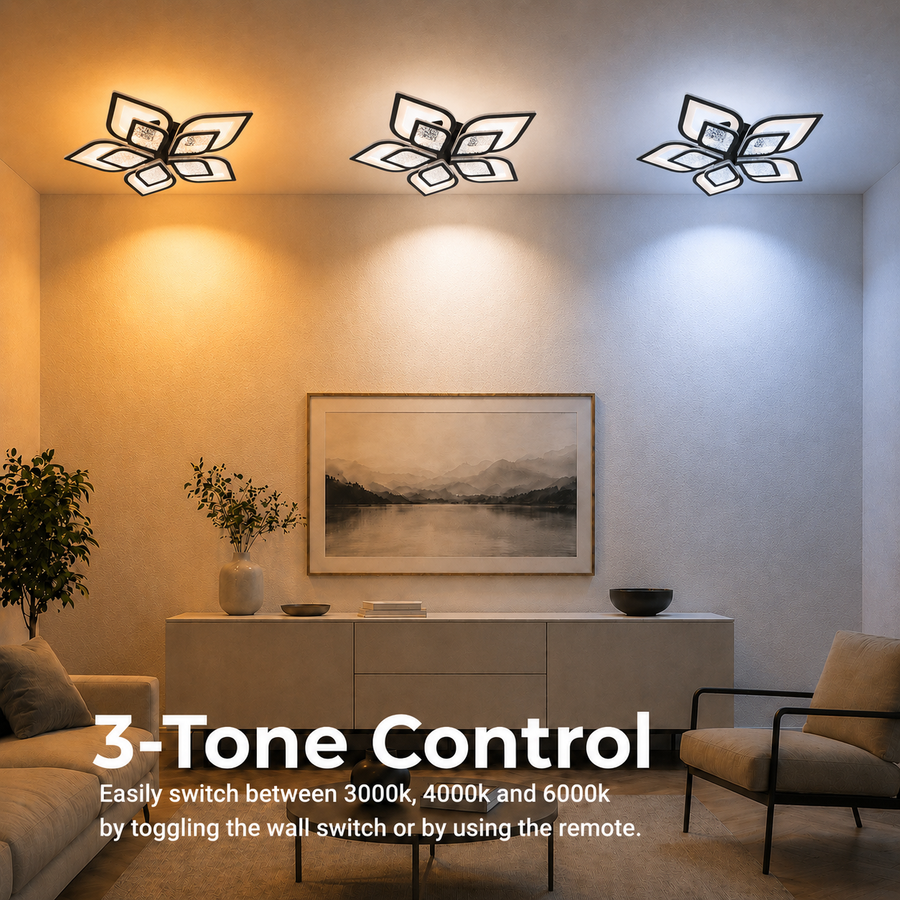 Πολυέλαιος LED με τηλεχειριστήριο DALIA 96W, 5 πέταλα, Κρύο/Ζεστό/Ουδέτερο φως, Ρυθμιζόμενο, Μαύρο