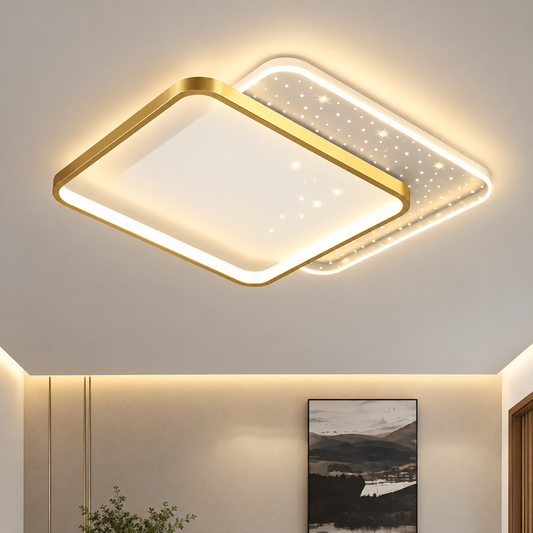 Πολυέλαιος LED με τηλεχειριστήριο GILDRA 48W, 2 Τετράγωνα, Κρύο/Ζεστό/Ουδέτερο φως, Ρυθμιζόμενο, Χρυσό