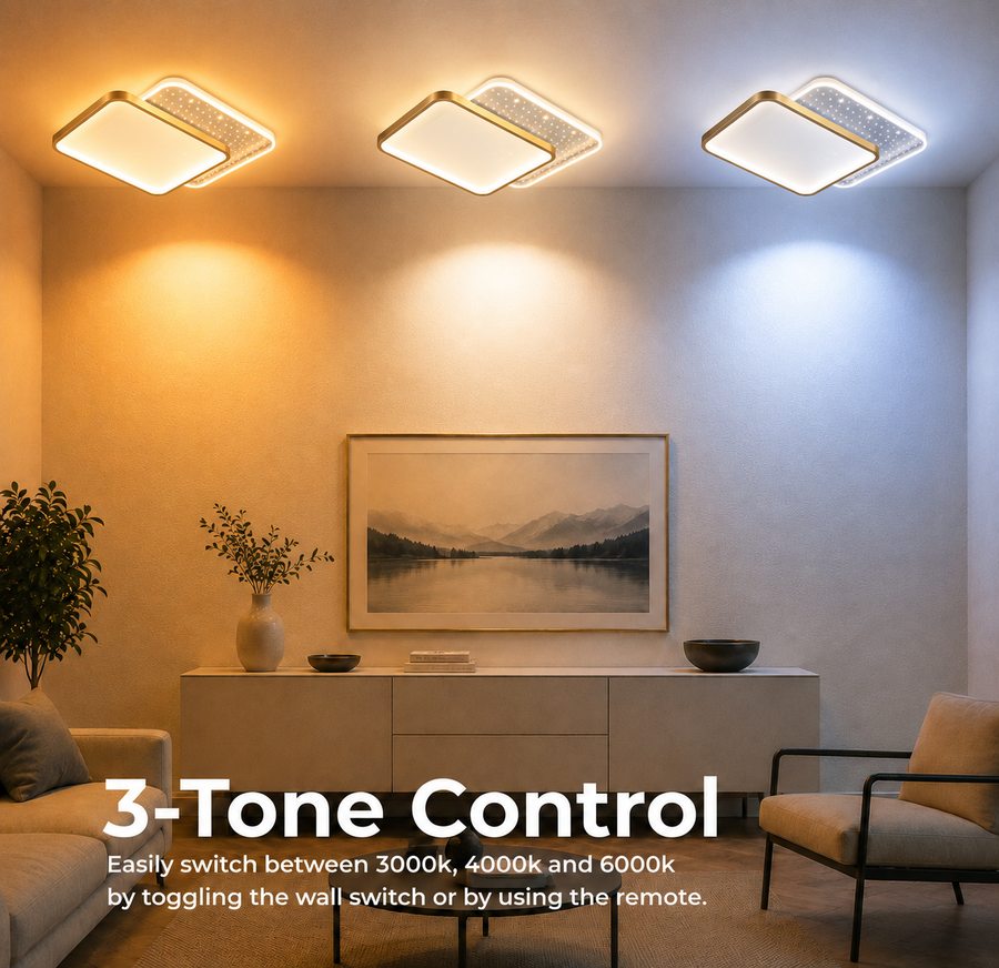 Πολυέλαιος LED με τηλεχειριστήριο GILDRA 48W, 2 Τετράγωνα, Κρύο/Ζεστό/Ουδέτερο φως, Ρυθμιζόμενο, Χρυσό